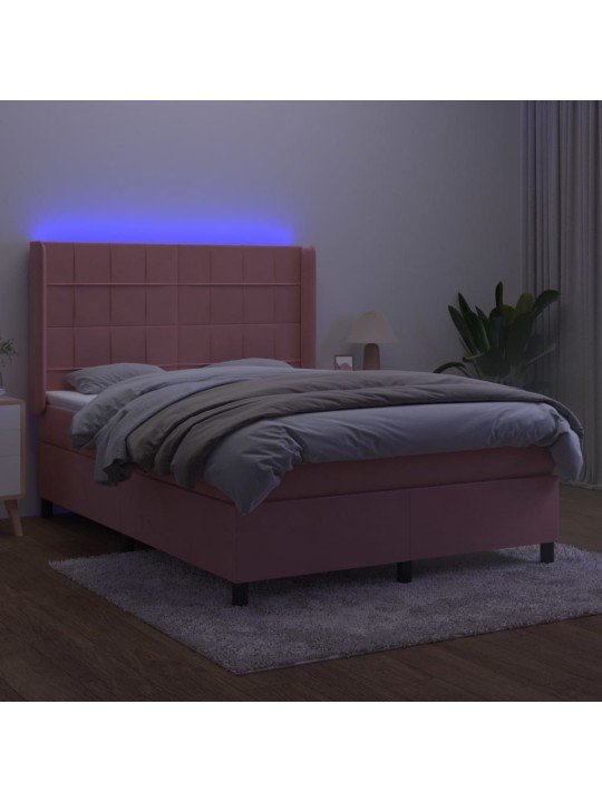 Atsperu gulta ar matraci, led, rozā samts, 140x190 cm