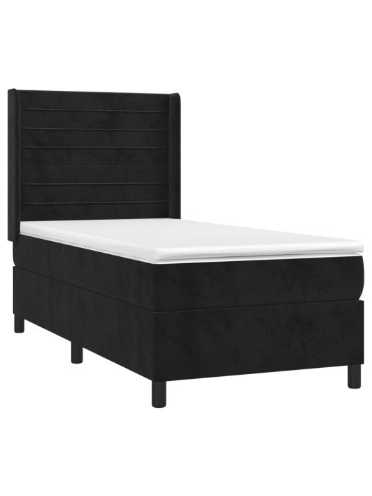 Atsperu gulta ar matraci, LED, melns samts, 90x190 cm