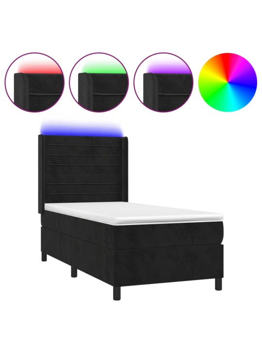 Atsperu gulta ar matraci, LED, melns samts, 100x200 cm