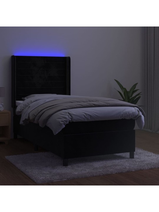 Atsperu gulta ar matraci, LED, melns samts, 100x200 cm