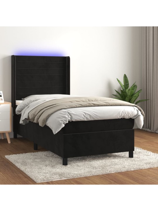 Atsperu gulta ar matraci, LED, melns samts, 100x200 cm