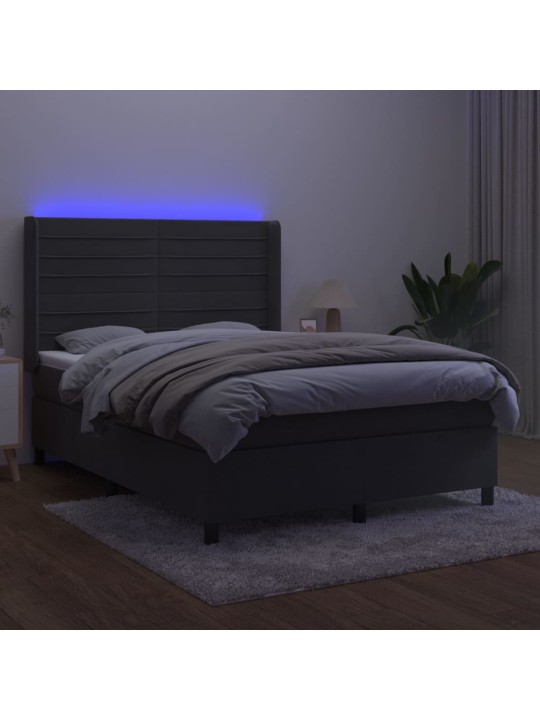 Atsperu gulta ar matraci, LED, tumši pelēks samts, 140x190 cm