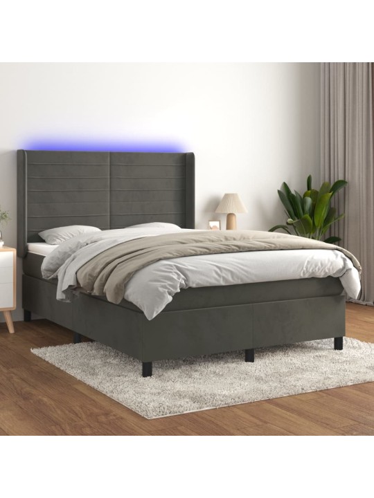Atsperu gulta ar matraci, LED, tumši pelēks samts, 140x190 cm