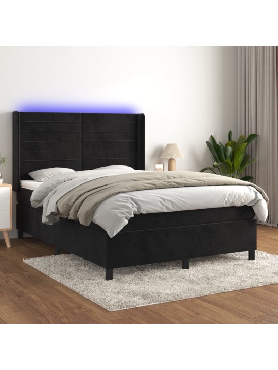 Atsperu gulta ar matraci, LED, melns samts, 140x190 cm