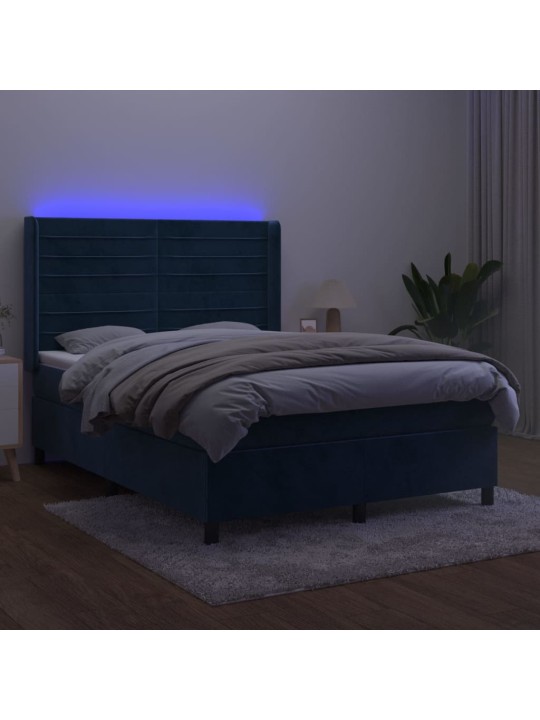 Atsperu gulta ar matraci, LED, tumši zils samts, 140x190 cm