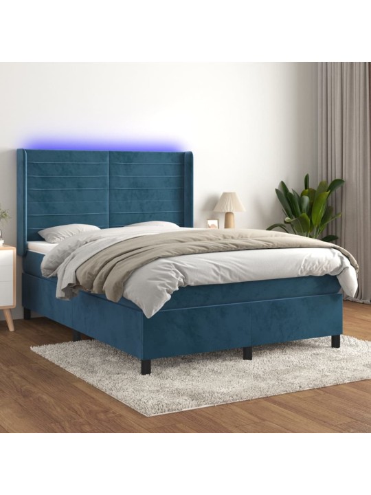 Atsperu gulta ar matraci, LED, tumši zils samts, 140x190 cm