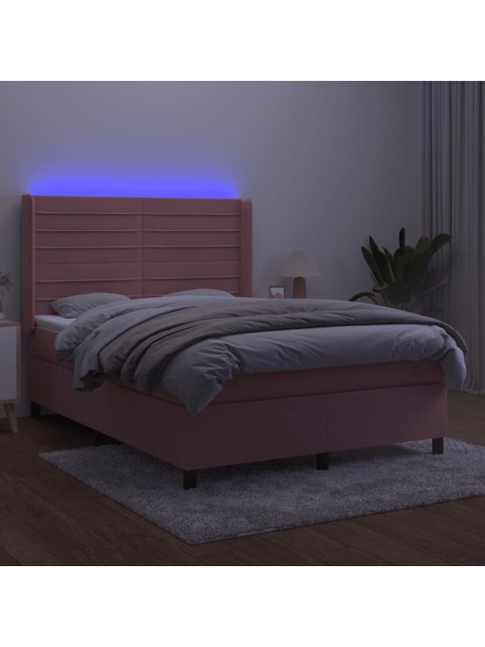 Atsperu gulta ar matraci, led, rozā samts, 140x190 cm