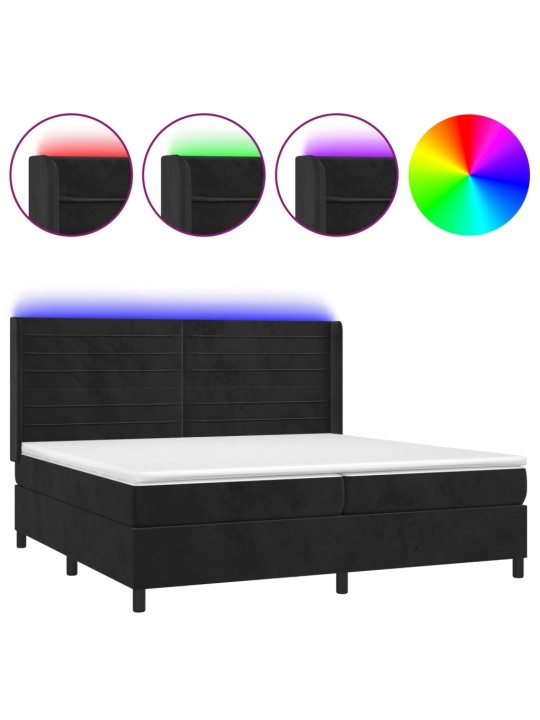 Atsperu gulta ar matraci, LED, melns samts, 200x200 cm