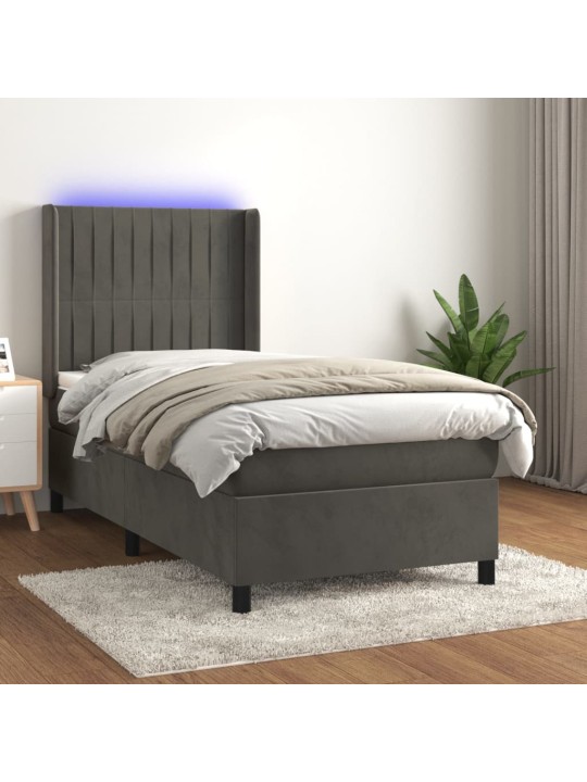Atsperu gulta ar matraci, LED, tumši pelēks samts, 80x200 cm