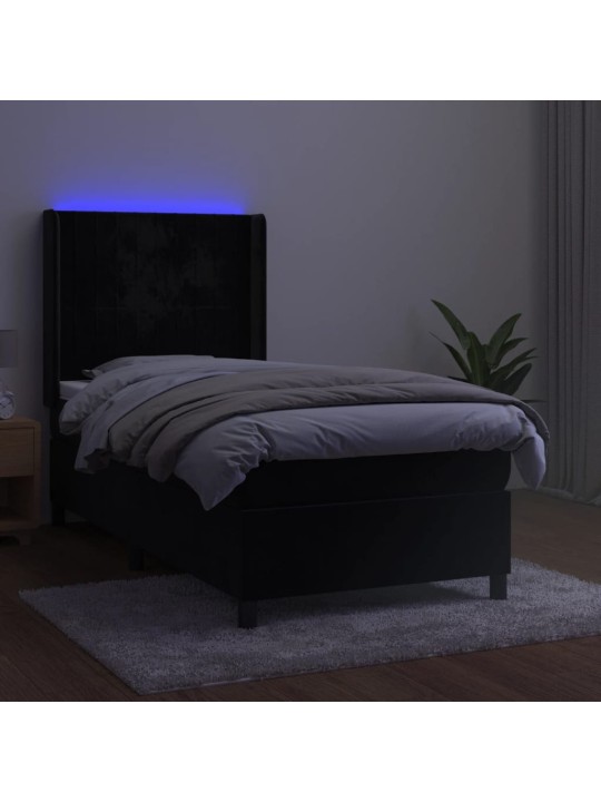 Atsperu gulta ar matraci, LED, melns samts, 80x200 cm
