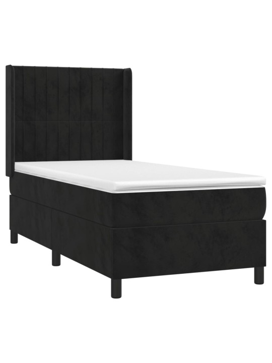 Atsperu gulta ar matraci, LED, melns samts, 90x190 cm