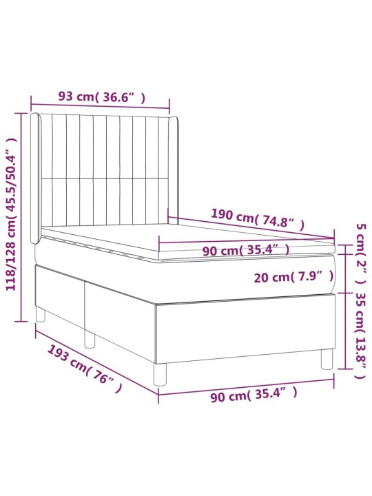 Atsperu gulta ar matraci, LED, melns samts, 90x190 cm
