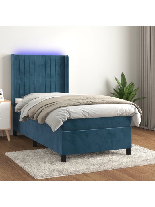 Atsperu gulta ar matraci, LED, tumši zils samts, 90x190 cm