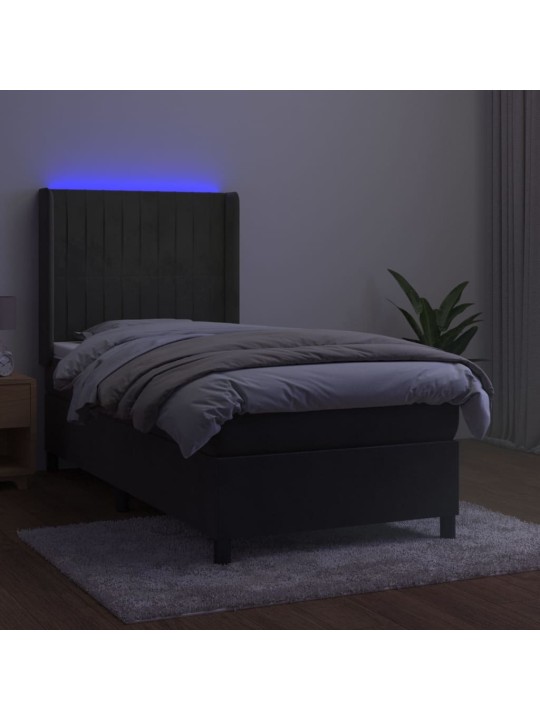 Atsperu gulta ar matraci, LED, tumši pelēks samts, 100x200 cm