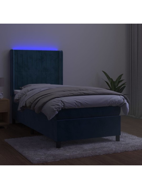 Atsperu gulta ar matraci, LED, tumši zils samts, 100x200 cm