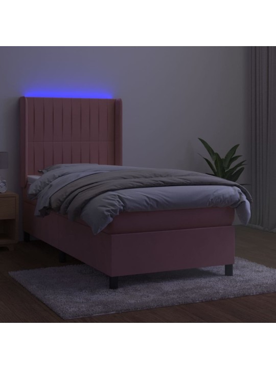 Atsperu gulta ar matraci, LED, rozā samts, 100x200 cm