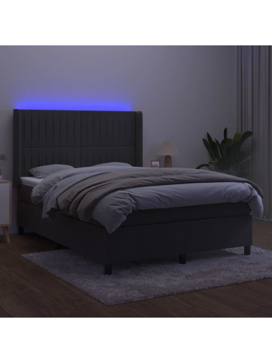 Atsperu gulta ar matraci, LED, tumši pelēks samts, 140x190 cm
