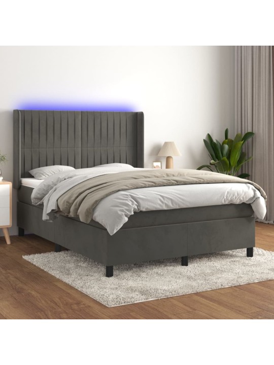 Atsperu gulta ar matraci, LED, tumši pelēks samts, 140x190 cm