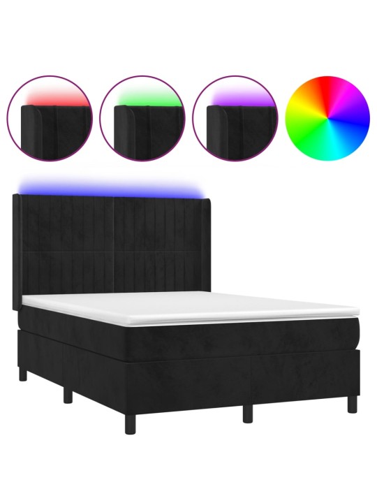 Atsperu gulta ar matraci, LED, melns samts, 140x190 cm