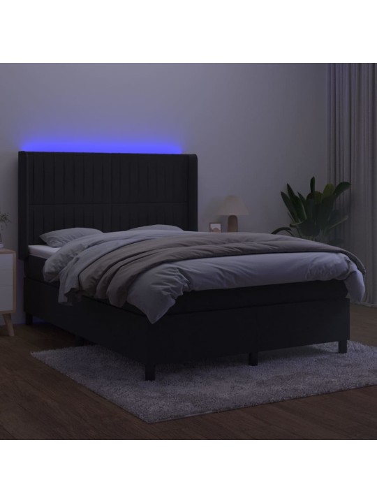Atsperu gulta ar matraci, LED, melns samts, 140x190 cm