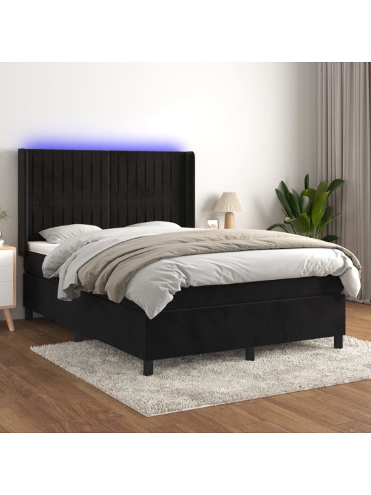 Atsperu gulta ar matraci, LED, melns samts, 140x190 cm