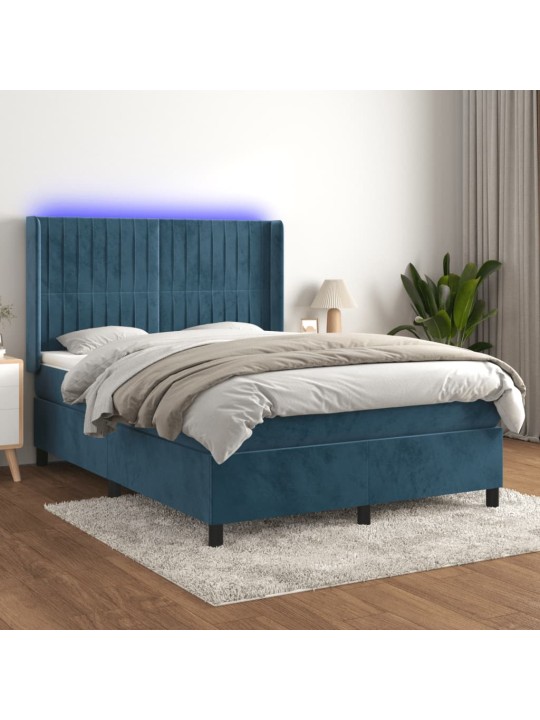Kontinentālā gulta ar matraci, LED, tumši zils samts, 140x190 cm