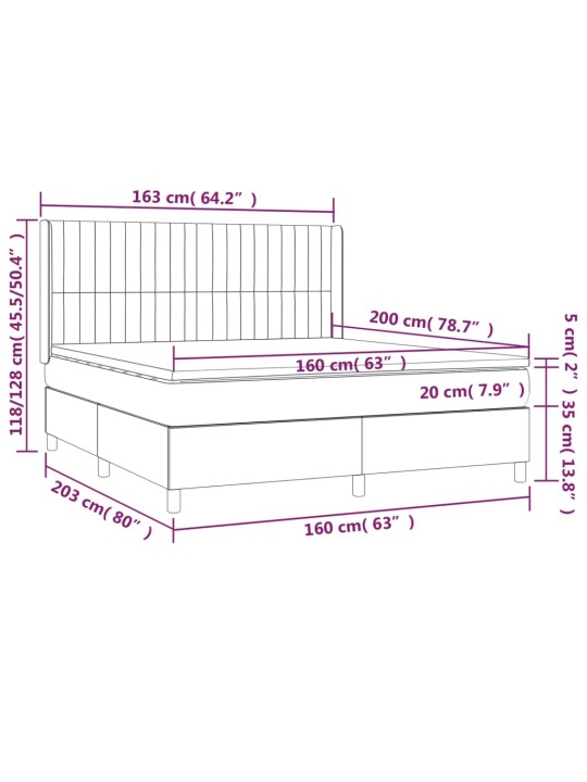 Atsperu gulta ar matraci, LED, melns samts, 160x200 cm