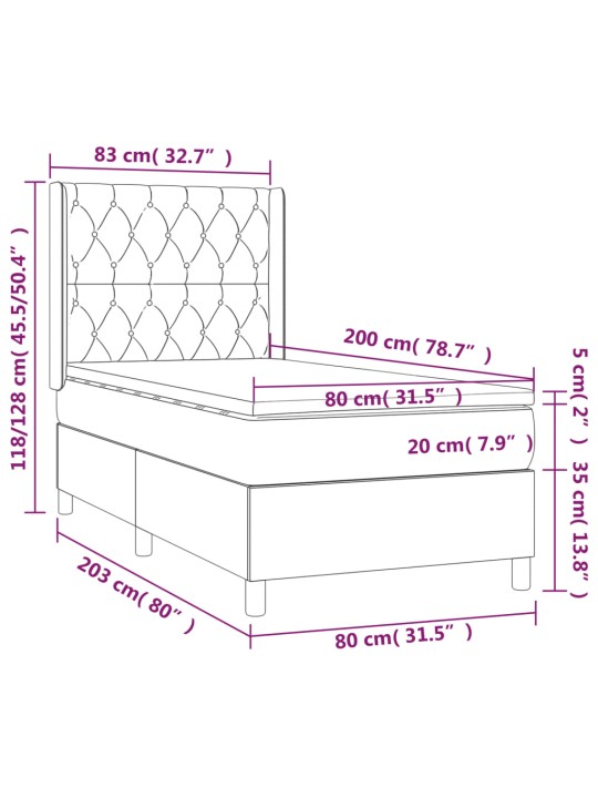 Atsperu gulta ar matraci, LED, melns samts, 80x200 cm