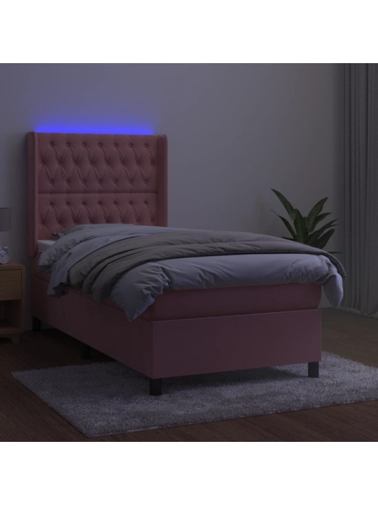 Atsperu gulta ar matraci, led, rozā samts, 80x200 cm