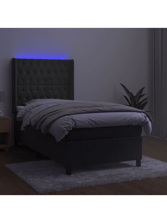Atsperu gulta ar matraci, LED, tumši pelēks samts, 90x190 cm