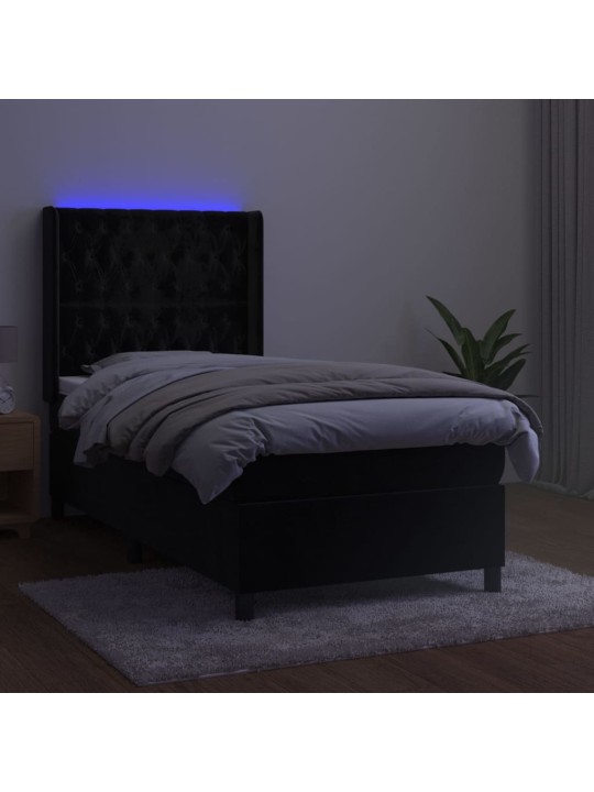 Atsperu gulta ar matraci, LED, melns samts, 100x200 cm