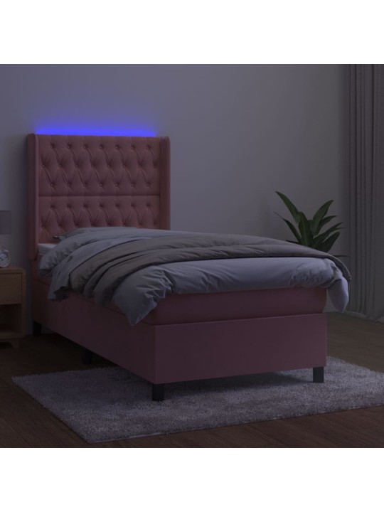 Atsperu gulta ar matraci, LED, rozā samts, 100x200 cm