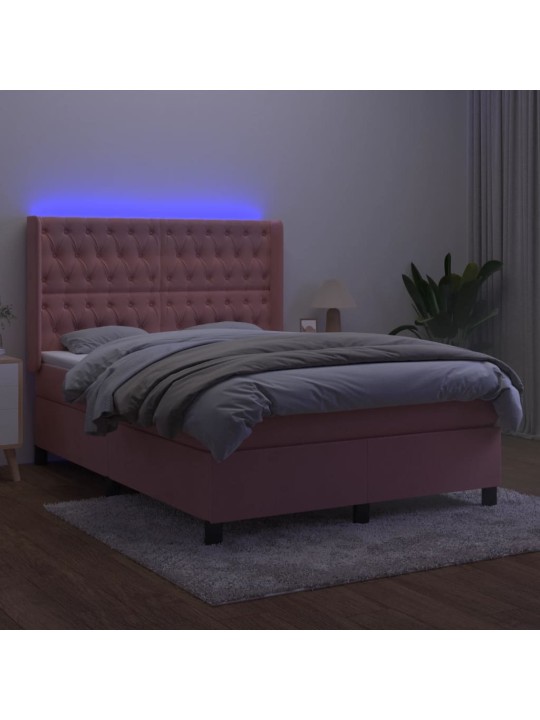 Atsperu gulta ar matraci, led, rozā samts, 140x190 cm
