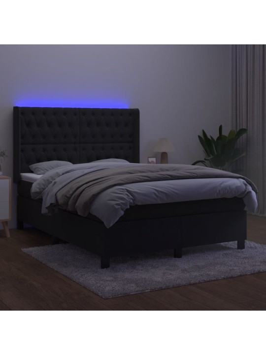 Atsperu gulta ar matraci, LED, melns samts, 140x200 cm