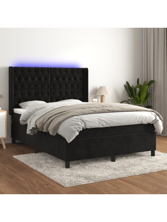 Atsperu gulta ar matraci, LED, melns samts, 140x200 cm