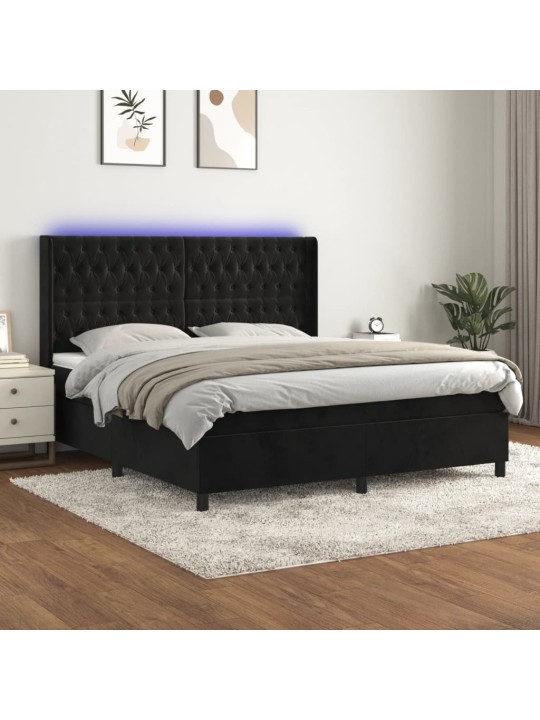 Atsperu gulta ar matraci, LED, melns samts, 160x200 cm