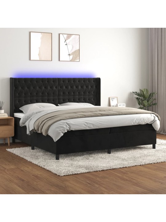 Atsperu gulta ar matraci, LED, melns samts, 200x200 cm
