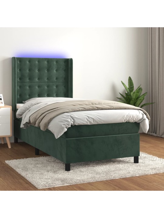 Kontinentālā gulta ar matraci, LED, tumši zaļš samts, 80x200 cm