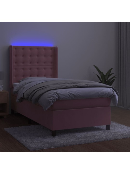 Atsperu gulta ar matraci, LED, rozā samts, 80x200 cm