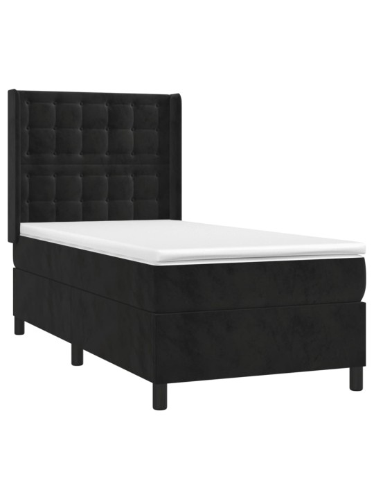 Atsperu gulta ar matraci, LED, melns samts, 90x190 cm