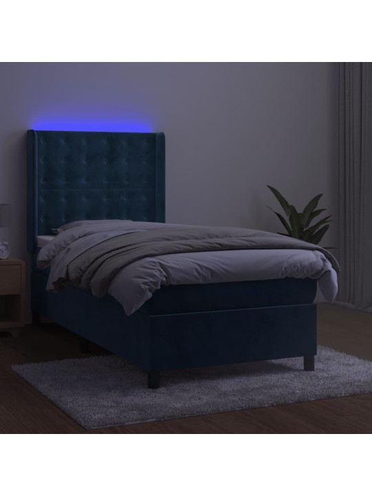 Atsperu gulta ar matraci, LED, tumši zils samts, 90x190 cm