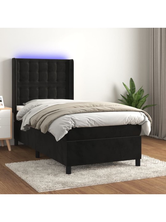 Atsperu gulta ar matraci, LED, melns samts, 100x200 cm