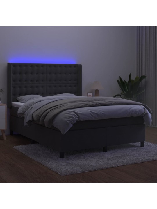 Atsperu gulta ar matraci, LED, tumši pelēks samts, 140x190 cm