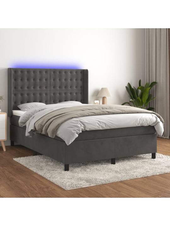 Atsperu gulta ar matraci, LED, tumši pelēks samts, 140x190 cm