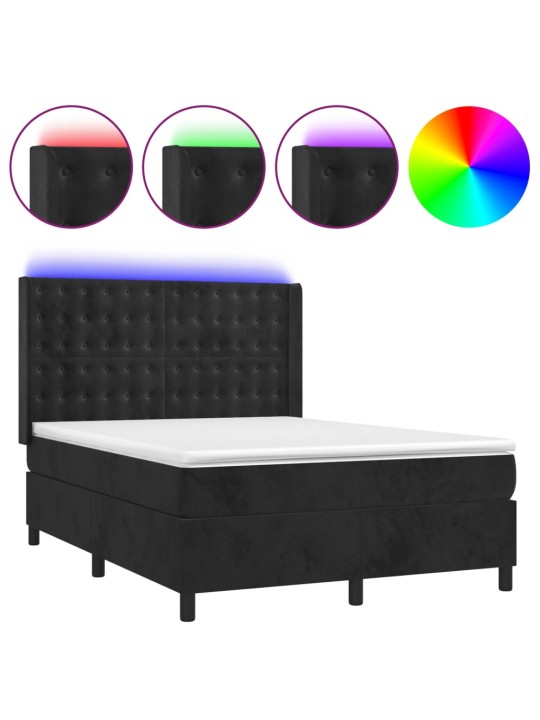 Atsperu gulta ar matraci, LED, melns samts, 140x190 cm