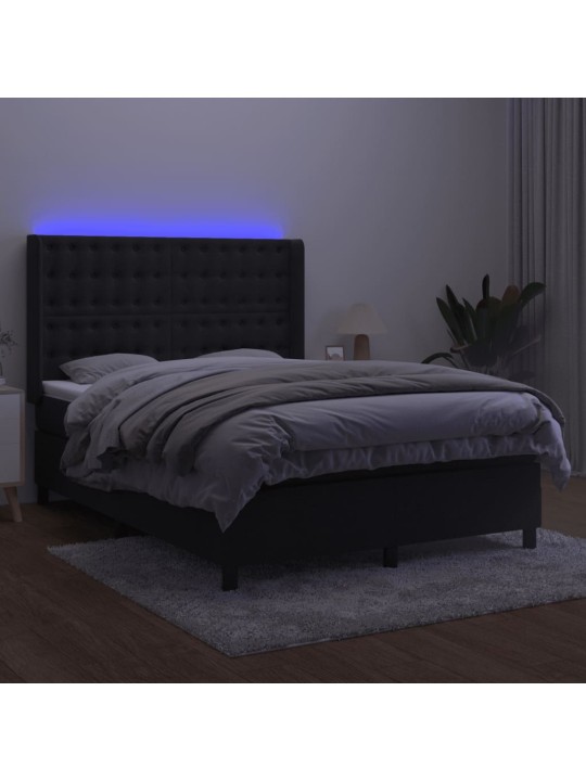 Atsperu gulta ar matraci, LED, melns samts, 140x190 cm