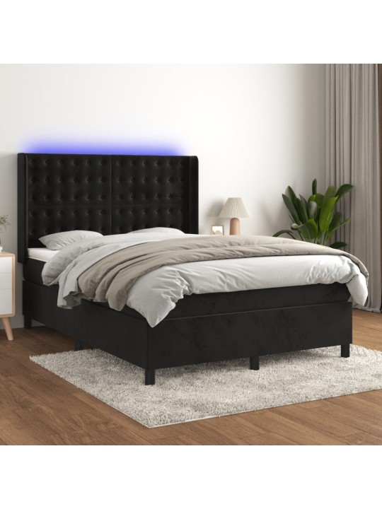 Atsperu gulta ar matraci, LED, melns samts, 140x190 cm