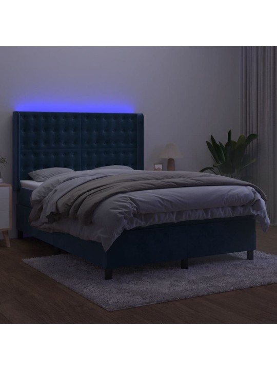 Atsperu gulta ar matraci, LED, tumši zils samts, 140x190 cm