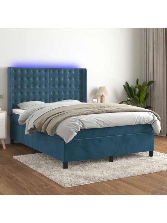Atsperu gulta ar matraci, LED, tumši zils samts, 140x190 cm