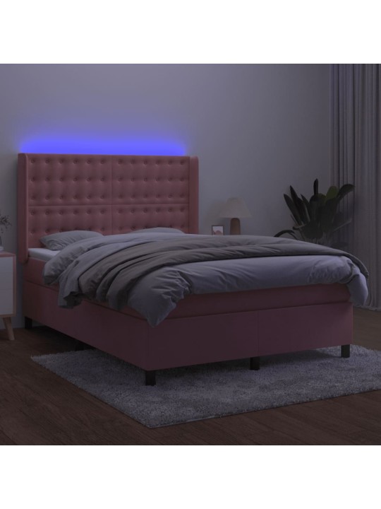 Atsperu gulta ar matraci, led, rozā samts, 140x190 cm